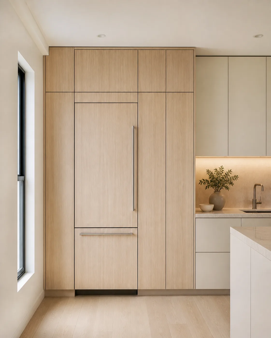 Floor-to-ceiling white oak cabinetry with integrated refrigerator
